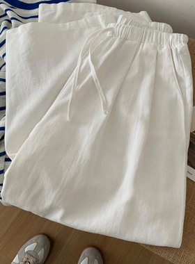 水洗棉白色直筒裤女仿亚麻手感气质高腰阔腿休闲裤初秋新款长裤子