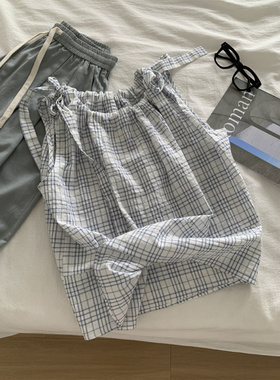 韩系减龄清新简约肌理感蓝白格子系带背心女夏季显瘦挂脖无袖上衣