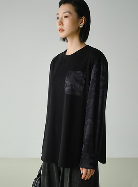 2025新国风中式圆领针织拼接提花长袖恤宽松上衣女83339国风提花