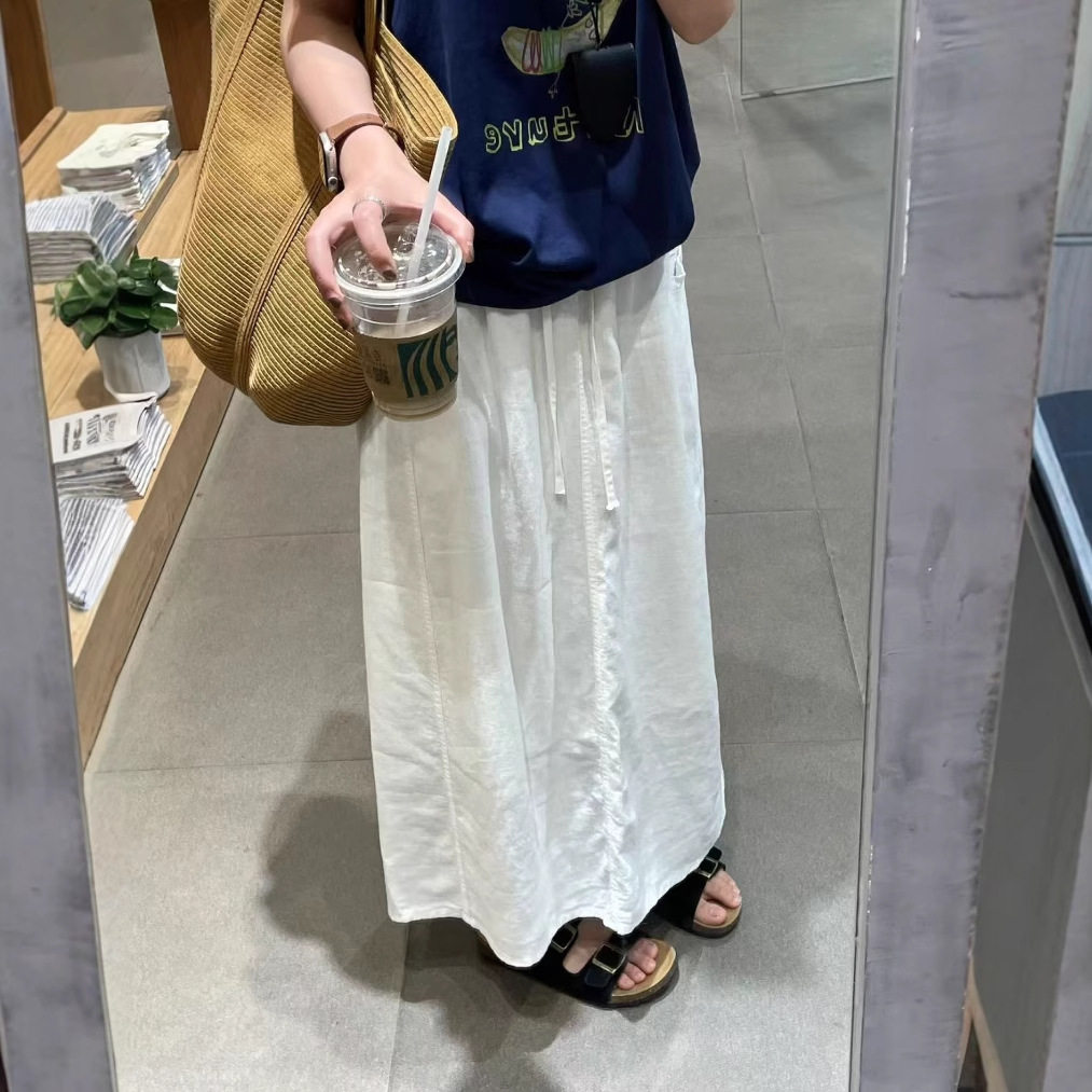 夏季高腰极简慵懒风白色苎麻半身裙女小众设计感百搭裙子