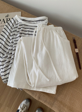 老钱风气质高腰白色亚麻裤女宽松休闲垂感显瘦棉麻阔腿拖地裤秋款