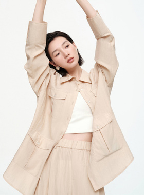 2025秋季新品纯色宽松工装风衬衫韩版简约百搭天丝长袖上衣66055