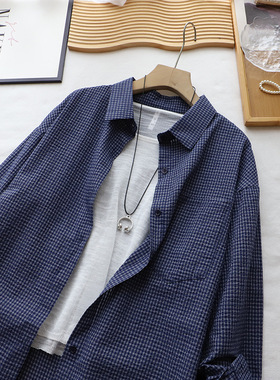 2025秋季新款韩版蓝色格子休闲宽松百搭长袖衬衫女上衣