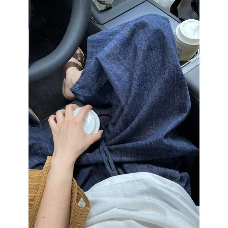 松弛感水洗亚麻棉宽松显瘦深蓝色休闲牛仔裤女直筒裤夏季九分裤薄