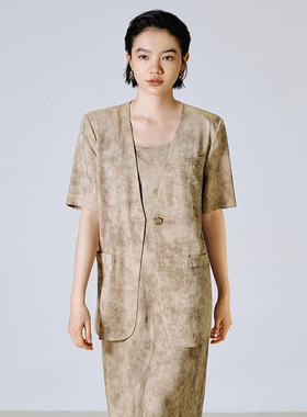 2025春夏新品国风领天丝水墨画短袖外套气质高级感收腰西装85553