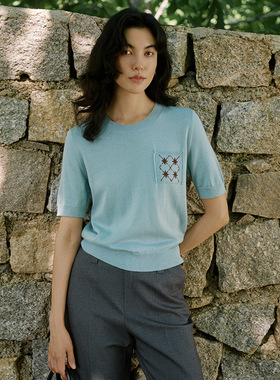 经典简约圆领短袖针织衫时尚百搭显瘦套头上衣83201口袋设计