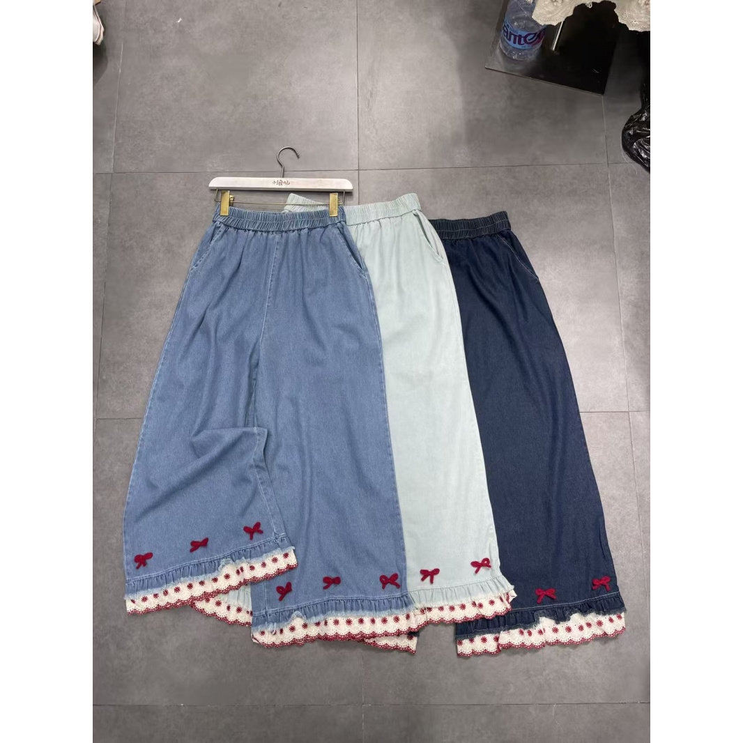 日系软妹风红色蝴蝶结阔腿牛仔裤