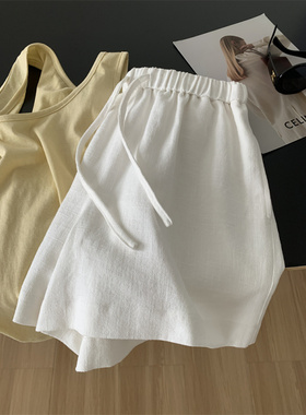气质韩版百搭白色棉麻短裤女松紧高腰抽绳字阔腿裤夏季休闲裤