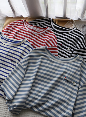 2025夏季新品韩版条纹猫咪字母刺绣宽松休闲短袖恤女