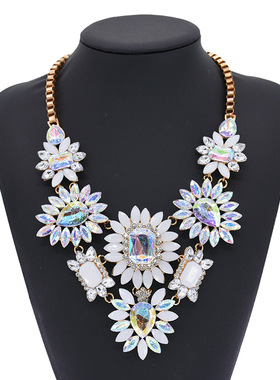 欧美时尚大牌夸张短款满钻宝石花朵合金项链