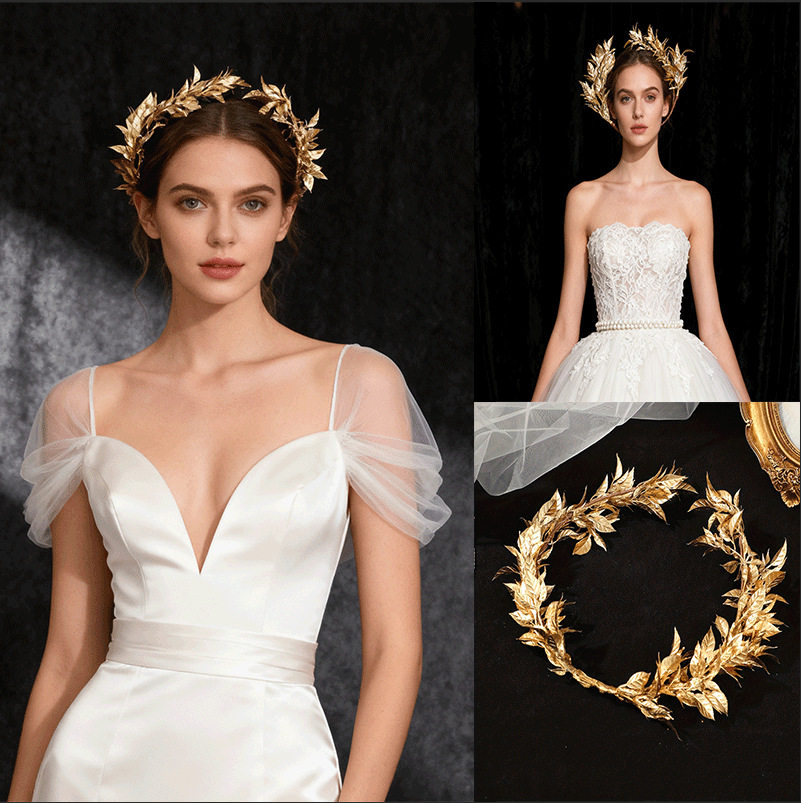 2026仿金叶子新娘花环头箍发饰婚庆金色枫叶编制发带造型盘发配饰