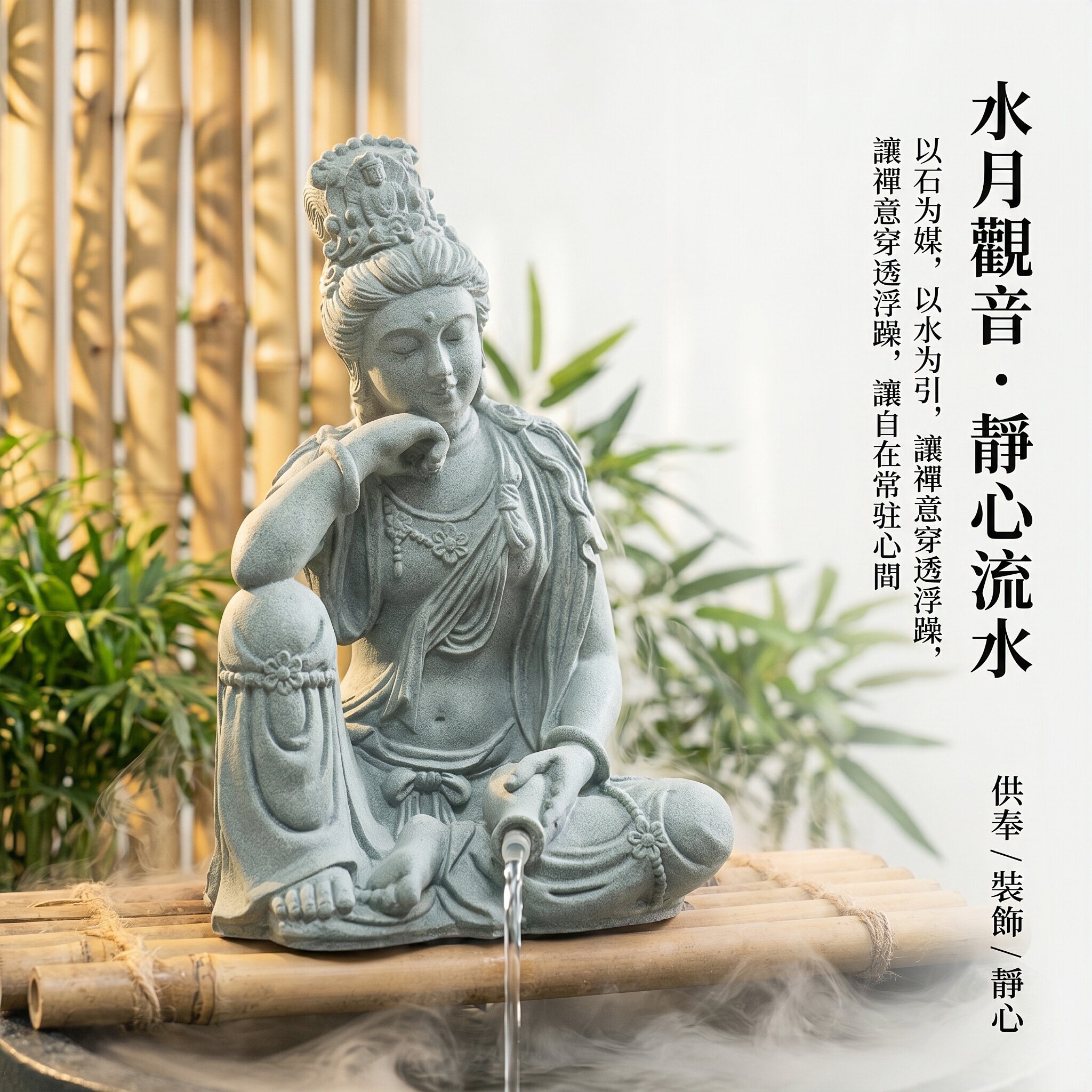 【热卖中】青砂石水月观音流水喷泉摆件佛像工艺品茶桌鱼缸装饰