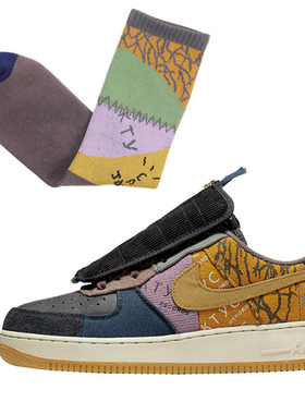 Travis Scott联名AF1空军TS鬼脸拼接潮袜毛巾底中筒篮球袜军绿色