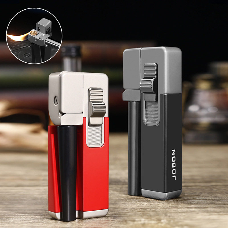 中邦ZB7002 新款金属折叠烟斗一体式充气斜火明火打火机礼盒批发