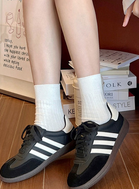 白色袜子女秋季纯棉基础款简约复古学院风百搭粗条纹纯棉中筒袜女