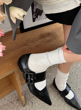 纯白色袜子女中筒春夏日系竖条纹复古百搭简约jk纯棉堆堆袜女黑色