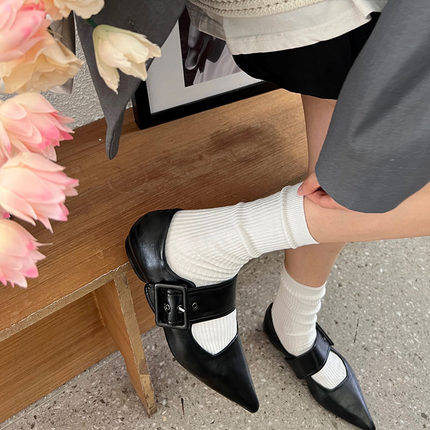 纯白色袜子女中筒春夏日系竖条纹复古百搭简约jk纯棉堆堆袜女黑色