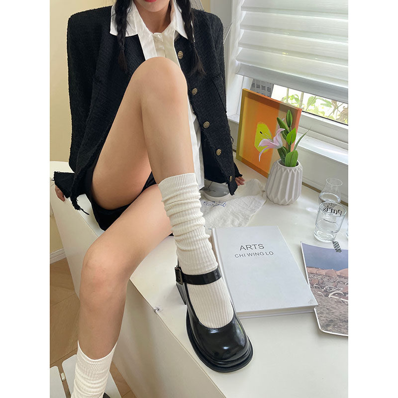 白色堆堆袜女春季高筒ins百搭纯色小腿袜搭配小皮鞋黑色纯棉袜子