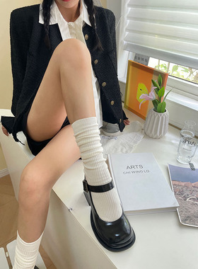 白色堆堆袜女春季高筒ins百搭纯色小腿袜搭配小皮鞋黑色纯棉袜子
