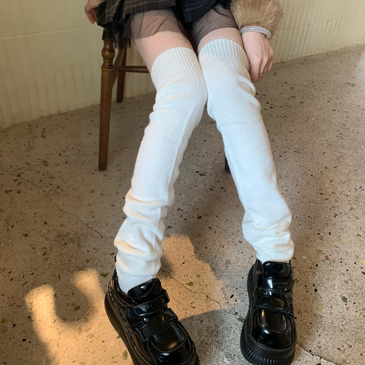 白色加长针织针织堆堆袜