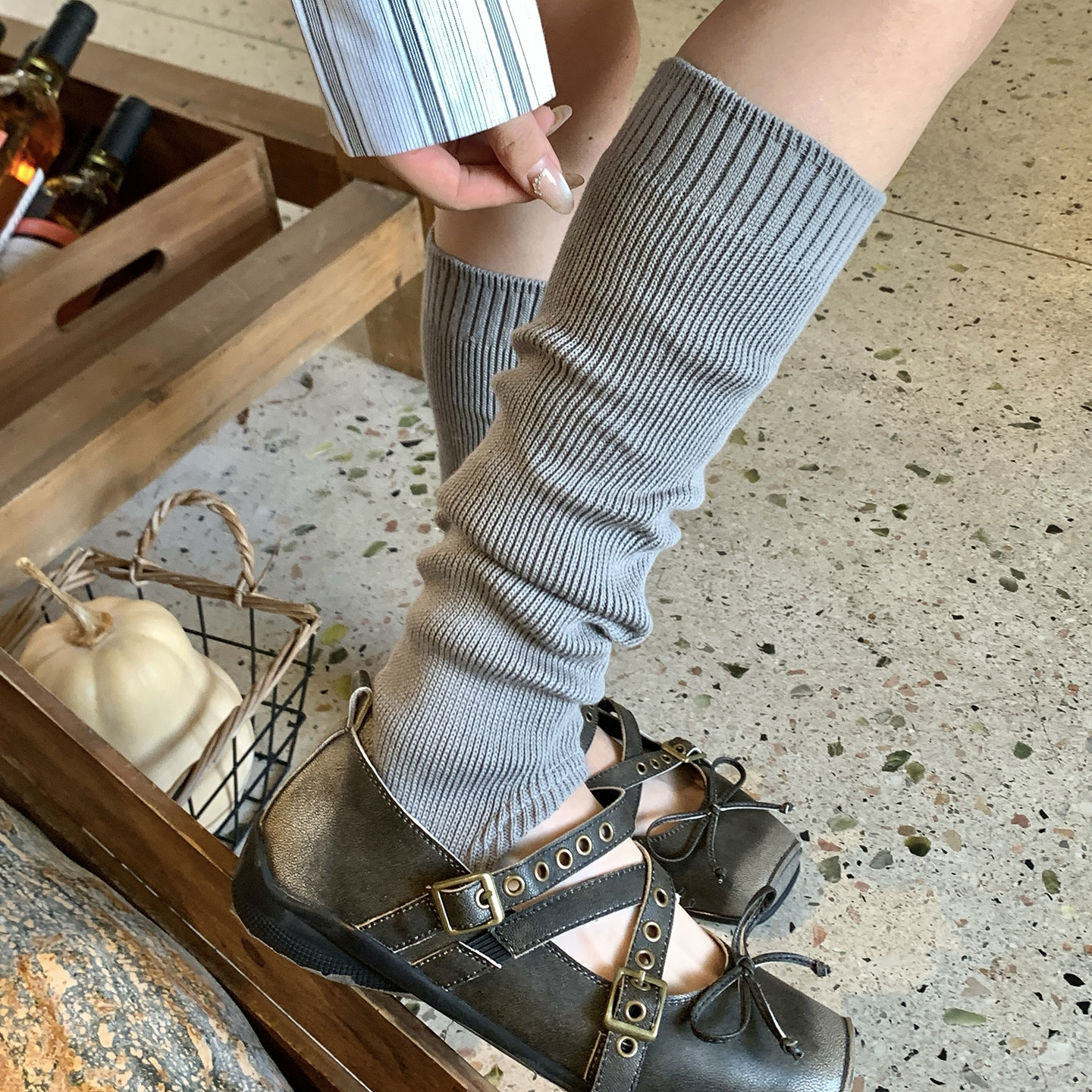 踩脚袜套针织竖纹显瘦腿套