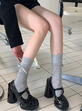 芭蕾风灰色袜子女中筒夏季薄款镂空透气丝带蝴蝶结堆堆袜女走秀款