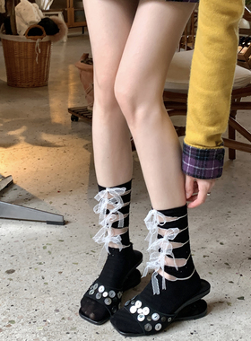 亚文化y2k黑色蕾丝绑带蝴蝶结中筒袜纯棉小众镂空设计袜子女夏季