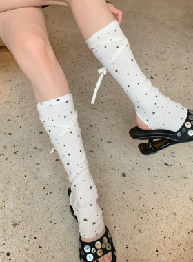 白色星星交叉绑带小腿袜26新款y2k辣妹踩脚袜套堆堆中筒袜半掌袜