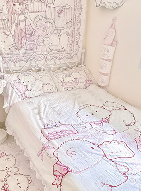 MG原创设计四件套四季通用60支纯棉贡缎荷叶边少女甜美挂布地毯