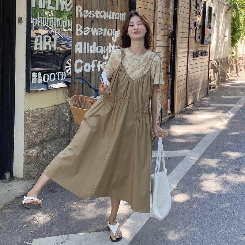 实拍奶甜俏皮背带连衣裙女夏2025新款休闲印花T恤吊带裙两件套装