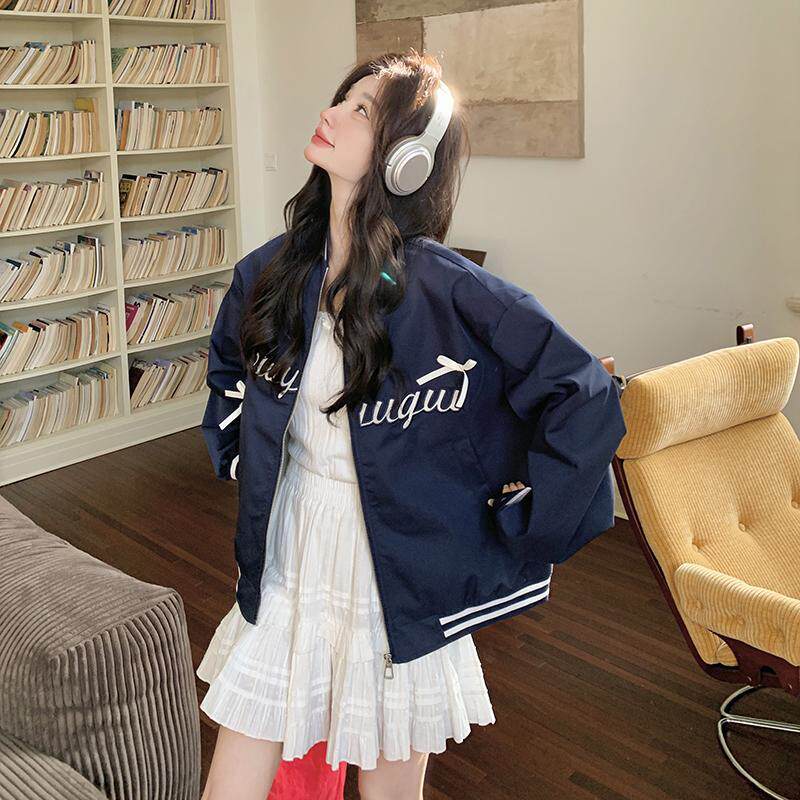 实拍miu系蝴蝶结刺绣棒球服短款外套女秋2025新款美式蓝色夹克