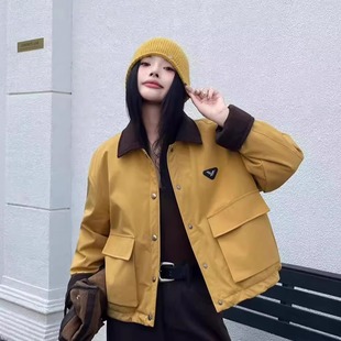 2025秋冬休闲百搭复古设计感拼接翻领小个子时尚外套羽绒服女短款