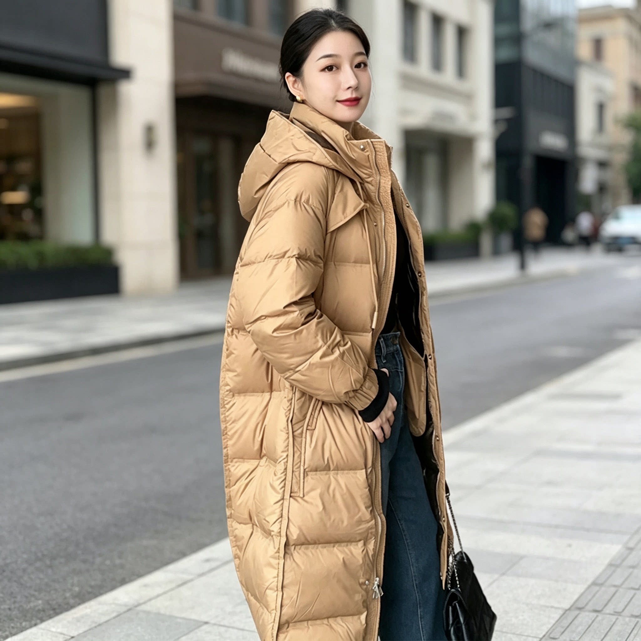 加厚保暖中长款羽绒服女冬2026年新白鸭绒气质宽松连帽羽绒衣外套