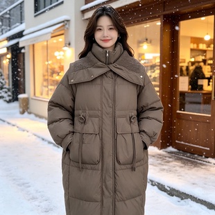 复古高级大翻领中长款保暖羽绒服女时尚宽松加厚白鸭绒羽绒衣外套