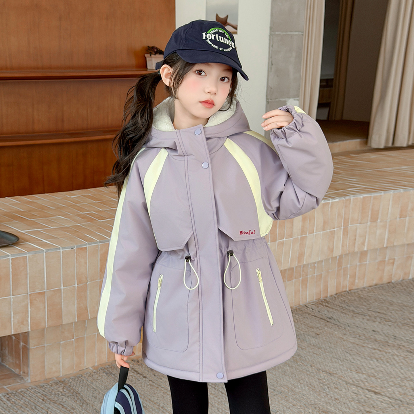 女童棉服冬季儿童加绒连帽派克服2026新款洋气女学生拼色加厚外套