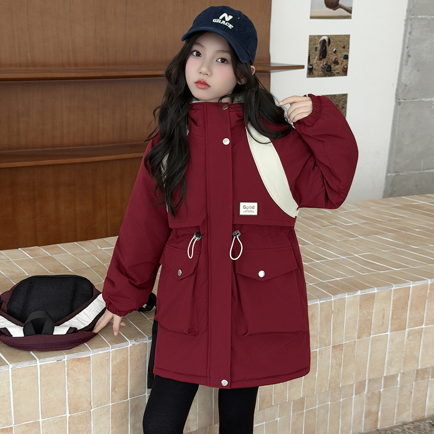 女童冬季加厚派克服2026新款洋气中长款连帽收腰显瘦保暖棉服外套