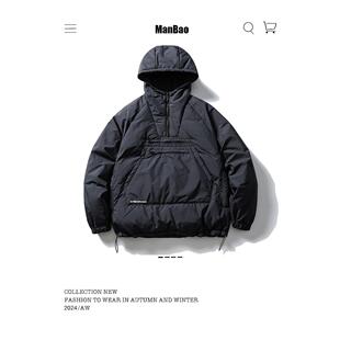 ManBao半拉链袋鼠兜羽绒服90白鸭绒冬季男款保暖套头连帽运动外套