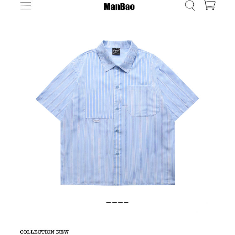 ManBao 美式蓝白条纹提花拼接短袖衬衫男女夏季宽松清新休闲上衣