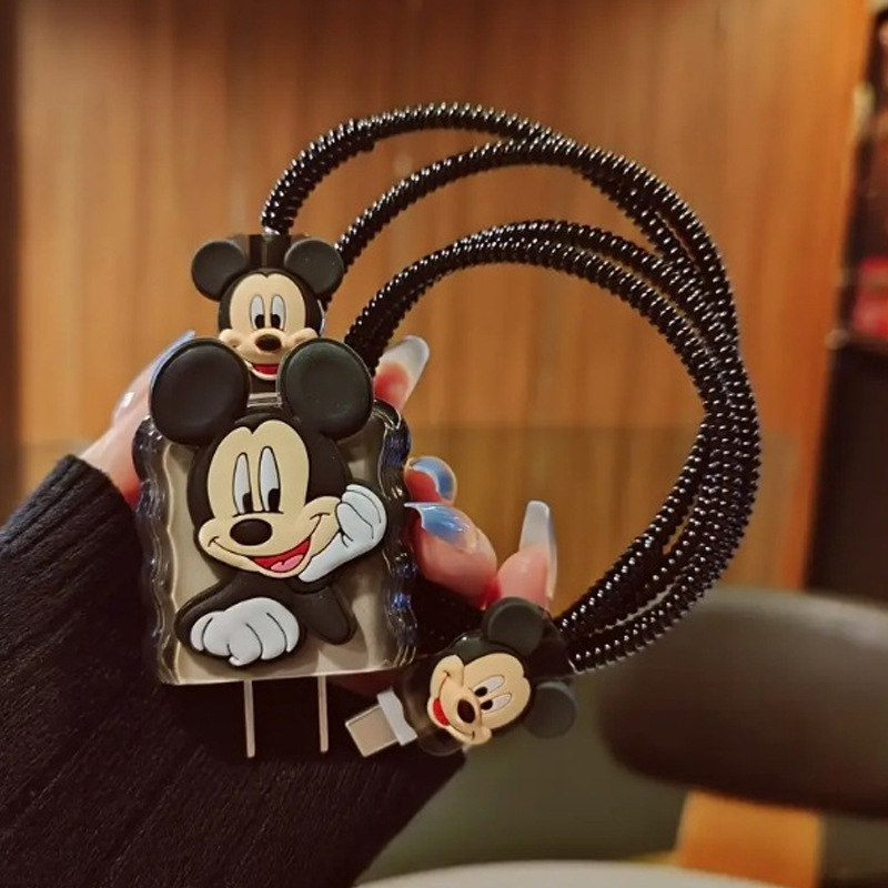 适用苹果iphone卡通可爱托腮米奇充电器数据线防折断通用保护壳套