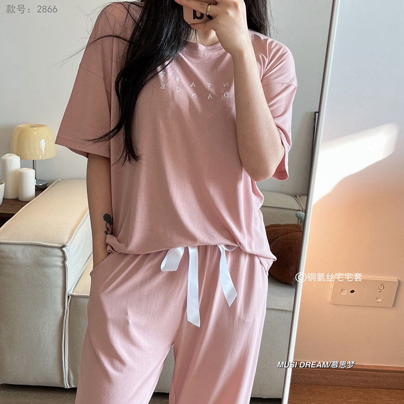 春夏短袖长裤莫代尔少女可外穿睡衣薄棉简单宅宅套女士纯色家居服