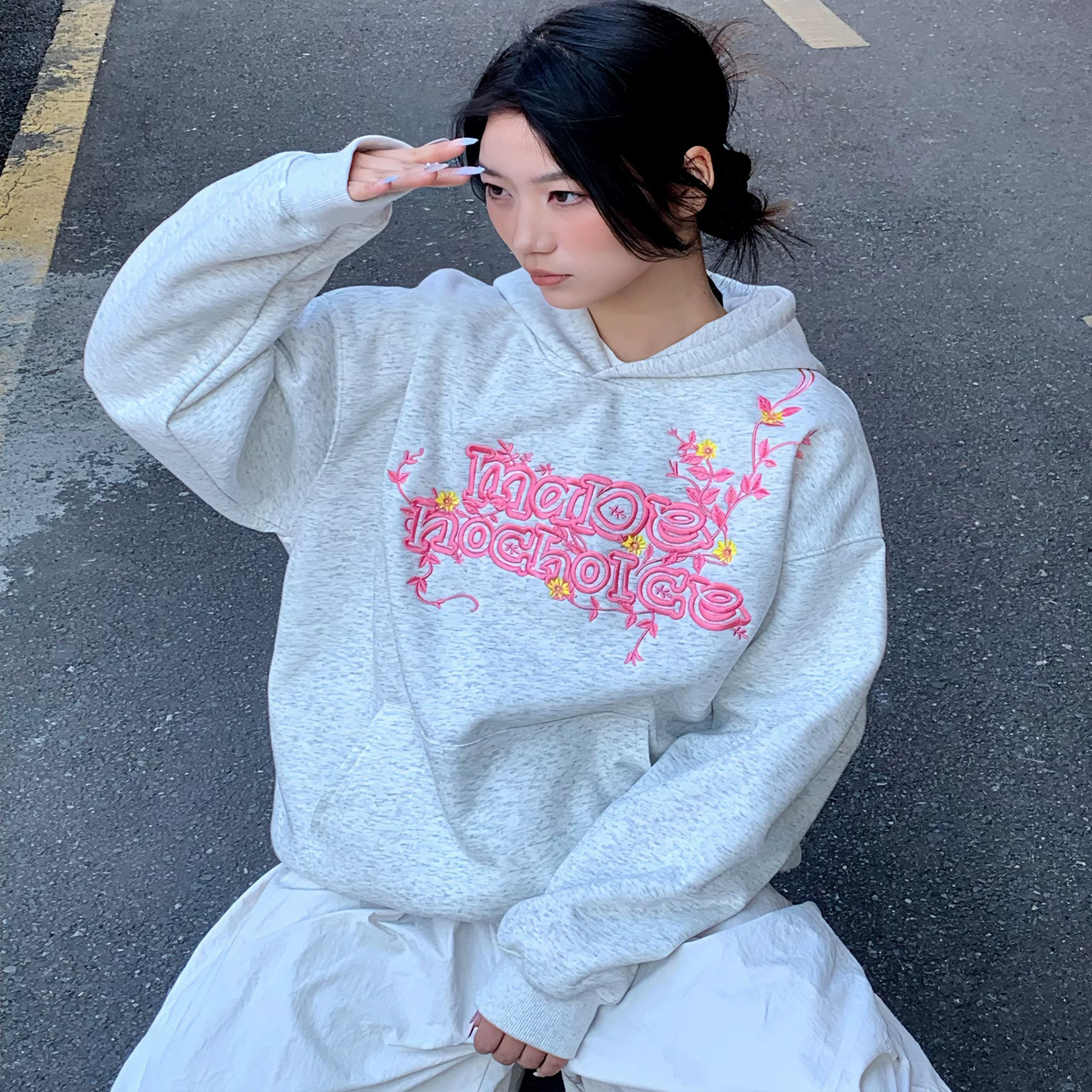 Beock春季美式原创国潮刺绣花卉男女连帽卫衣宽松设计感情侣同款