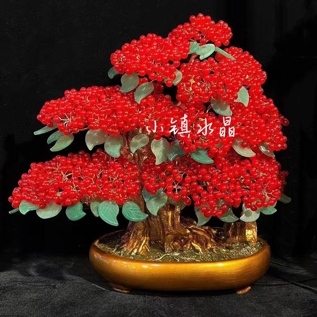 天然红水晶摇钱树天然红玛瑙发财树酒柜客厅电视柜摆件开业送礼