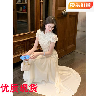 凌茜恣禾 雪俏'白色法式薄纱连衣裙女夏五一出游新中式蕾丝旗袍裙