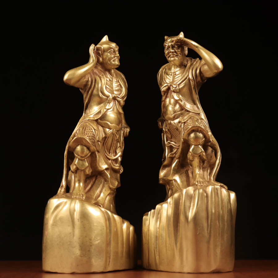 铜人物雕像摆件千里眼顺风耳一对门神中式桌面装饰高20公分神像