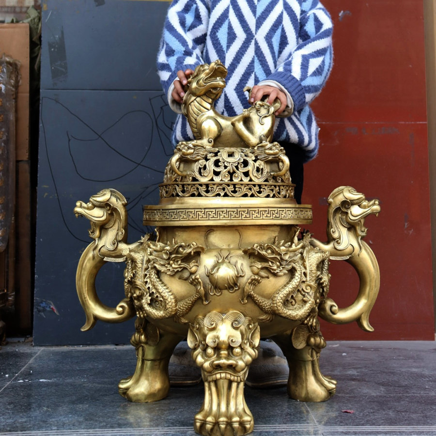特大号铜香薰炉摆件铜卧狮双龙戏珠三足铜香炉工艺品门厅装饰用品