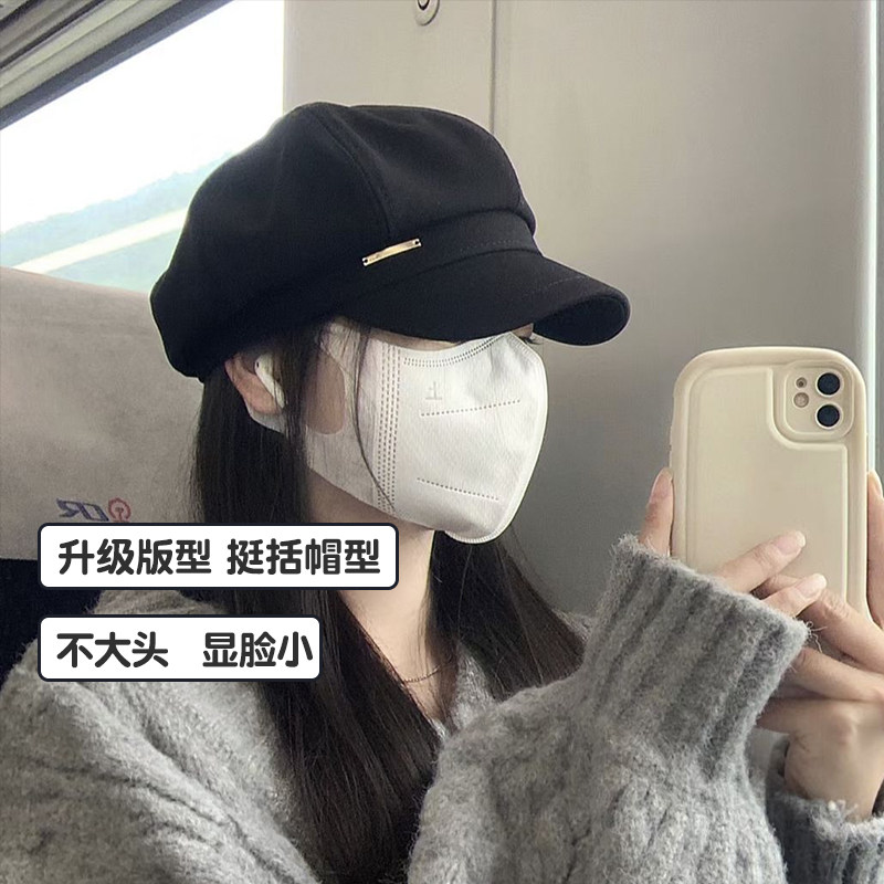 黑色贝雷帽女百搭帽子秋冬季ins网红日系大头围显脸小八角画家帽