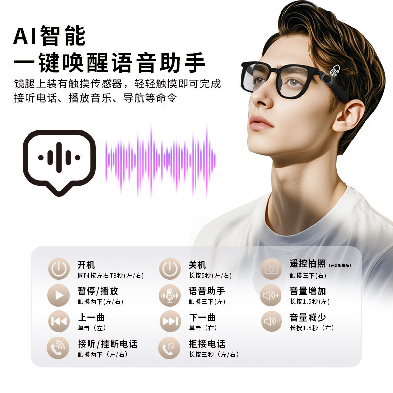 【AI翻译】智能蓝牙眼镜GS07骑行开车听歌通话变光镜片室内室外用