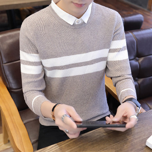 2025新款男士毛衣假两件针织衫韩版衬衫领秋冬季带领加绒加厚线衣
