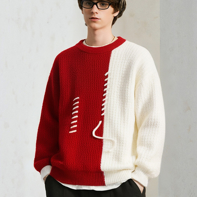 青少年学生款红色拼接线衣