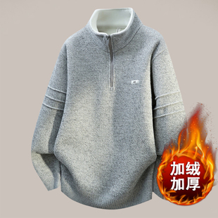 秋冬季新款一体绒半拉链时尚青少年加绒加厚毛衣针织半高领潮流男